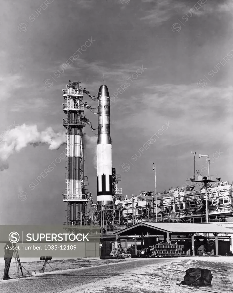 Cape Canaveral, Florida:   February 6, 1959. A Titan missile, the Air Force's newest intercontinental ballistic missile for the Strategic Air Command (SAC), is readied for a test launching.