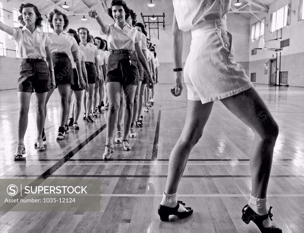 Ames, Iowa:  May 1942  A tap dancing class in the gymnasium at Iowa State College.