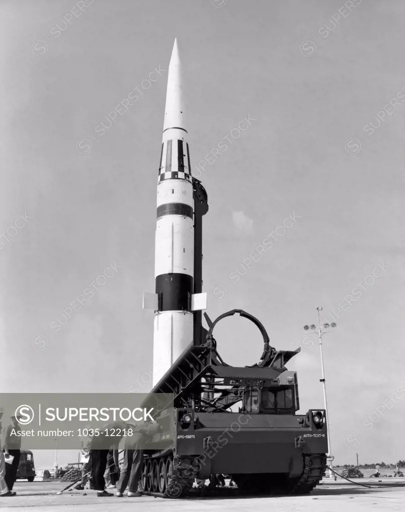 Cape Canaveral, Florida:  April 21, 1962. The new version of the U.S. Army's Pershing ballistic missile is ready for firing at Cape Canaveral, Florida. As deployed in Germany, it will have nuclear capabilities, but will remain under the control of the U.S, Army command, due to restrictions under the German constitution regarding control of nuclear weapons.
