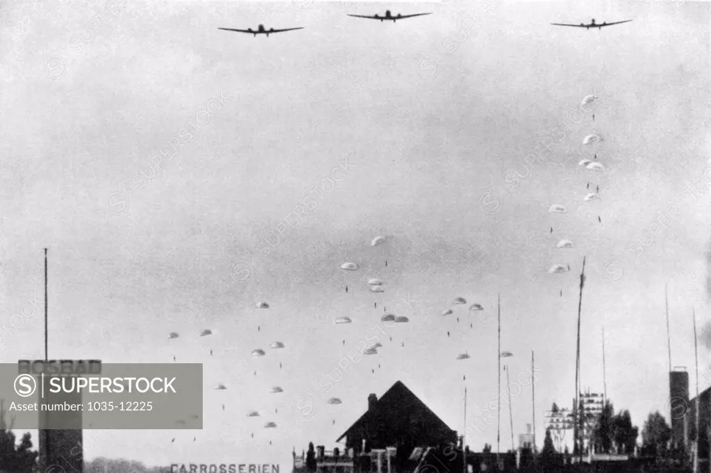 Netherlands:  May, 1940. German paratroopers landing in Holland in May of 1940.