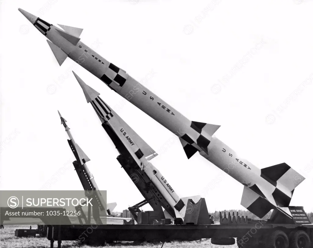 United States:  c. 1970. Three generations of NIke air defense missiles showing, L-R:  Ajax,(1953),  Hercules(1958), and Zeus (1960). The Hercules & Zeus had nuclear warhead carrying capabilities.