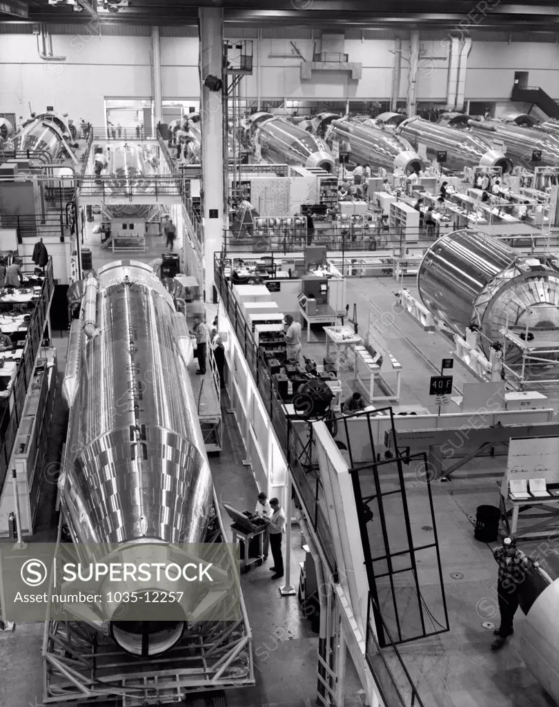 United States: c. 1965. A rocket manufacturing facility.