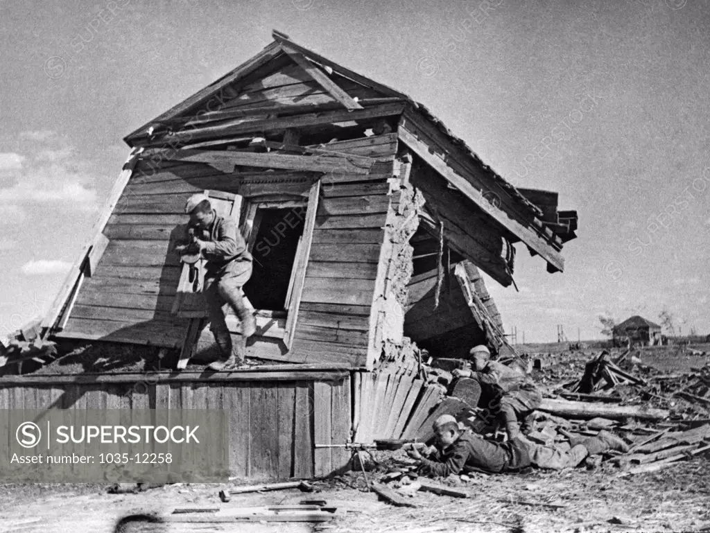 Stalingrad,  Russia:  1942. Russian soldiers fighting against the advancing German army on the outskirts of Stalingrad.