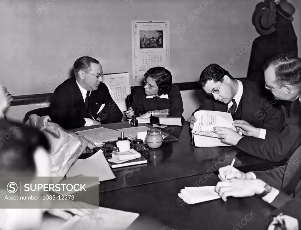 New York, New York:ææMarch 10, 1938.  An assistant attorney general conducts a hearing into the affairs of Richard Whitney & Co., one of Wall Street's most prominent firms of the 1920's and 30's. Its president, Richard Whitney, was sentenced to prison in Sing Sing for embezzlement of $1 million from a fund.