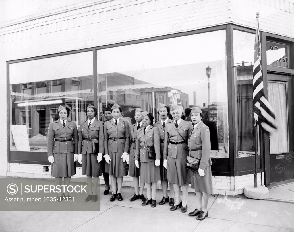 United States:  c. 1944 A group of African American women who are members of the Women's Defense Corp of America.