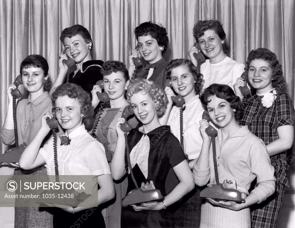 Chicago, Illinois: May, 1958. The ten contestants competing for the title of the 1958 'Hello Charley' girl at the  Western Electric Company in Chicago.