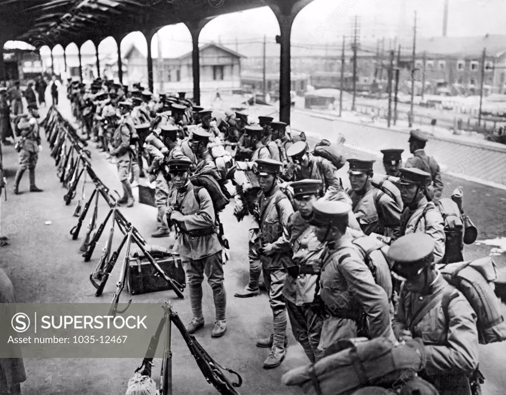 Chengchiatun, Manchuria:  c. 1933. Japanese troops prepare to move northward along the Taonan-Anganchi Railway to reinforce the embattled garrison at Tahsing.