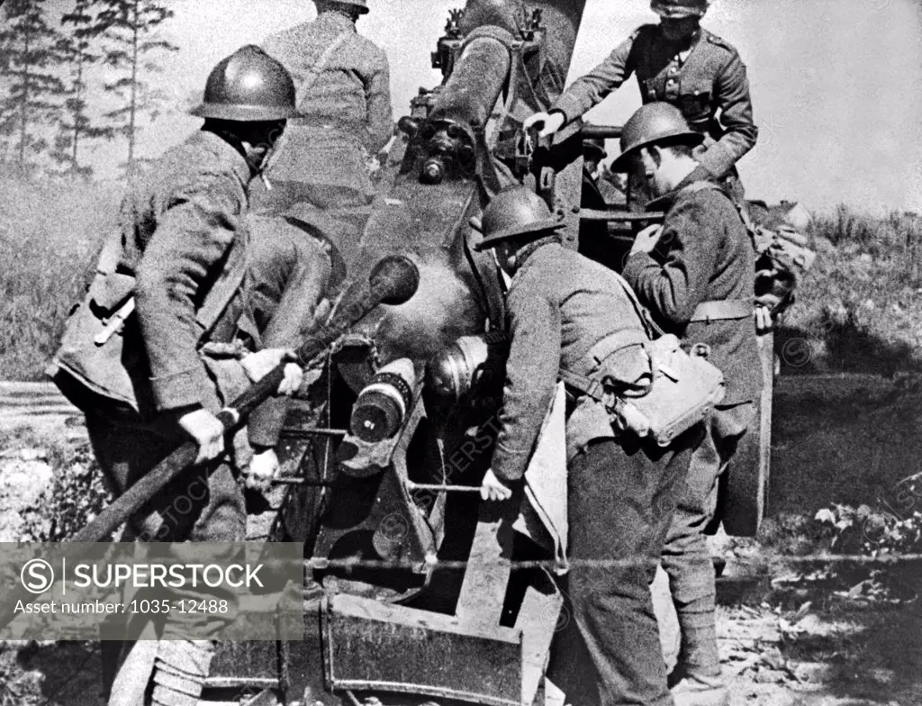 France:  October 10, 1939. French soldiers fire their 155mm artlillery piece at German positions on the Western Front.
