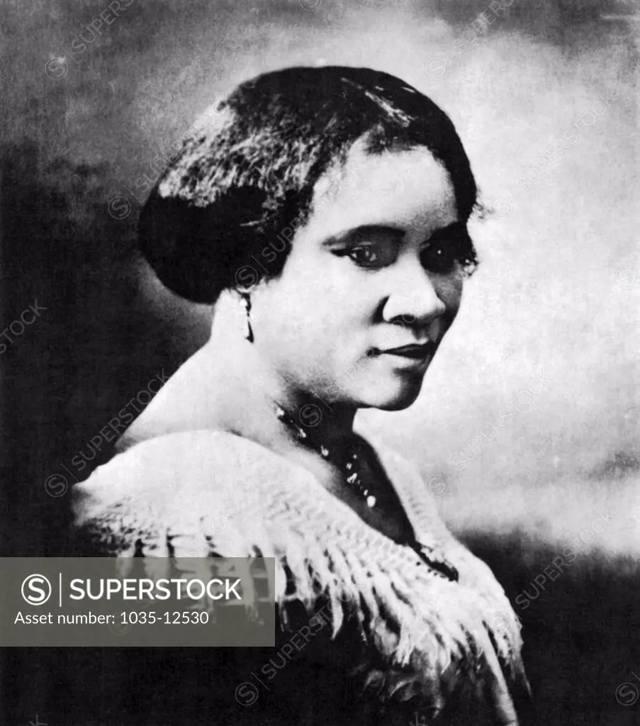 Indianapolis, Indiana: c. 1914 Portarit of Sarah Breedlove, who became known as C.J. Walker. She established a hair care products business for black women and became the first self-made female American millionaire.