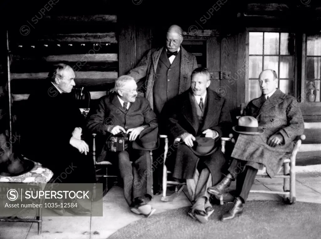 Napanoch, New York:  c. 1920 Visitors at the Yama Farms Inn included here are from the left, Carl Akeley, Raymond Ditmars, Carl Lumholtz, and Roy Chapman Andrews. Owner Frank Seaman is standng. They were four of the era's most prominent explorers and naturalists.