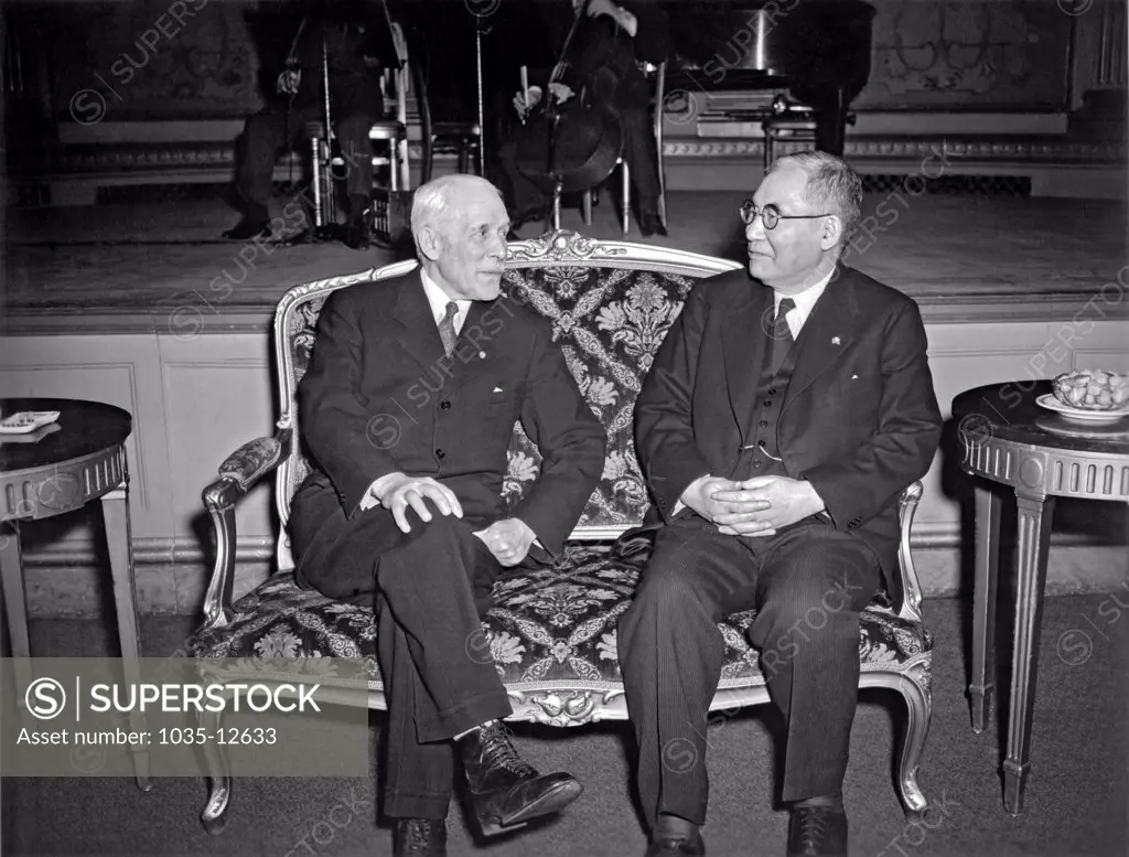 Washington, D.C.:  February, 1941. Japanese Navy Adm. Kichisaburo Nomura sitting with the United States Secretary of State, Cordell Hull.