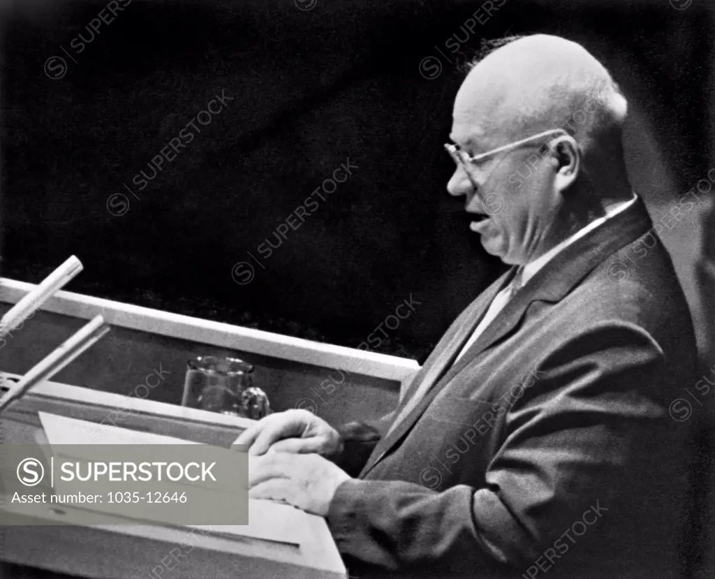New York, New York:  September 23, 1960 Russian Premier Nikita Khrushchev speaks to the United Nations General Assembly in New York.