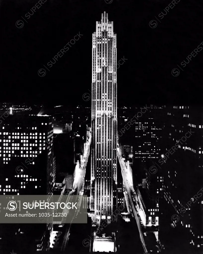 New York, New York:   c. 1938. A spectacular nighttime view of the 70 story RCA Building in Rockefeller Center in midtown Manhattan.