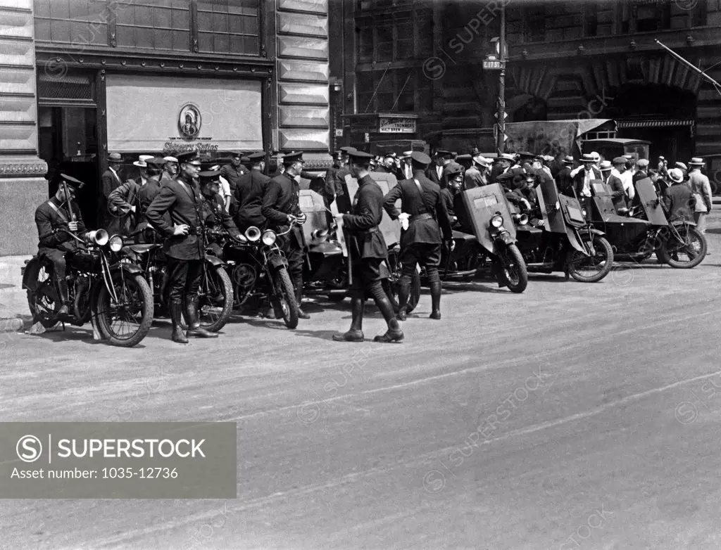 New York, New York:  c. 1927 A New York City armoured motorcycle squad at the ready in case of trouble due to a rally in Union Square of Sacco-Vanzetti sympathizers.