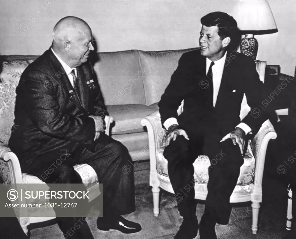 Vienna, Austria:   June 3, 1961 President Kenndy and Soviet Premier Nikita Khrushchev meet at the American ambassador's residence in Vienna.