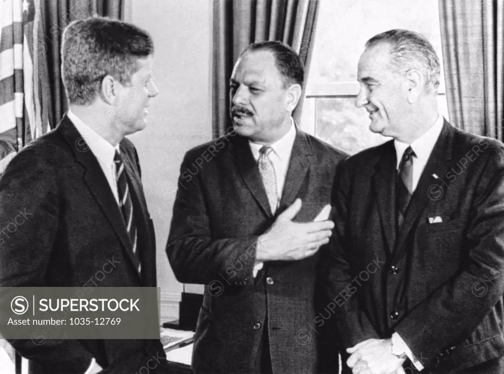 Washington, D.C.:  July 13, 1961 President Kennedy and Vice President Lyndon Johnson with Pakistan President Mohammad Ayub Khan at the White House at the conclusion of three days of talks.