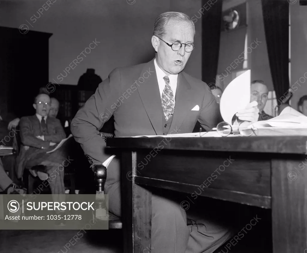 Washington, D.C.:  December 3, 1937  Joseph P. Kennedy, Chairman of the U.S. Maritime Commission, as he recently appeared before a Congressional committee.