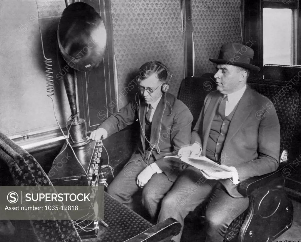 Cincinnati, Ohio:   April 27, 1923 Train passengers can listen to music and news. For the very first time on any railroad, two B & O trains are now equipped with radio service. A special car speaker makes it possible for all passengers in the car to hear distinctly above the noise of the train.