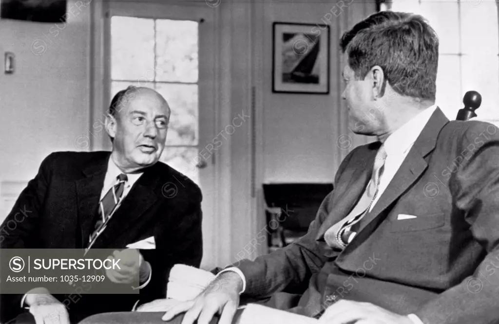 Washington, D.C.:  August 3, 1961 Adlai Stevenson, U.S. Ambassador to the United Nations, reports to President Kennedy today at the White House about his recent tour of Europe.
