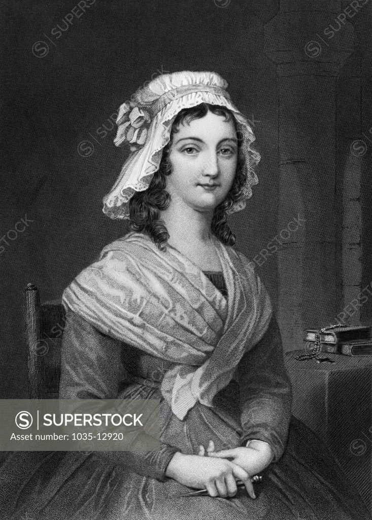 France:  c: 1793 Portrait of Charlotte Corday with a knife in her hand.  She assasinated Jean-Paul Marat during the French Revolution and four days later was executed under the guillotine.