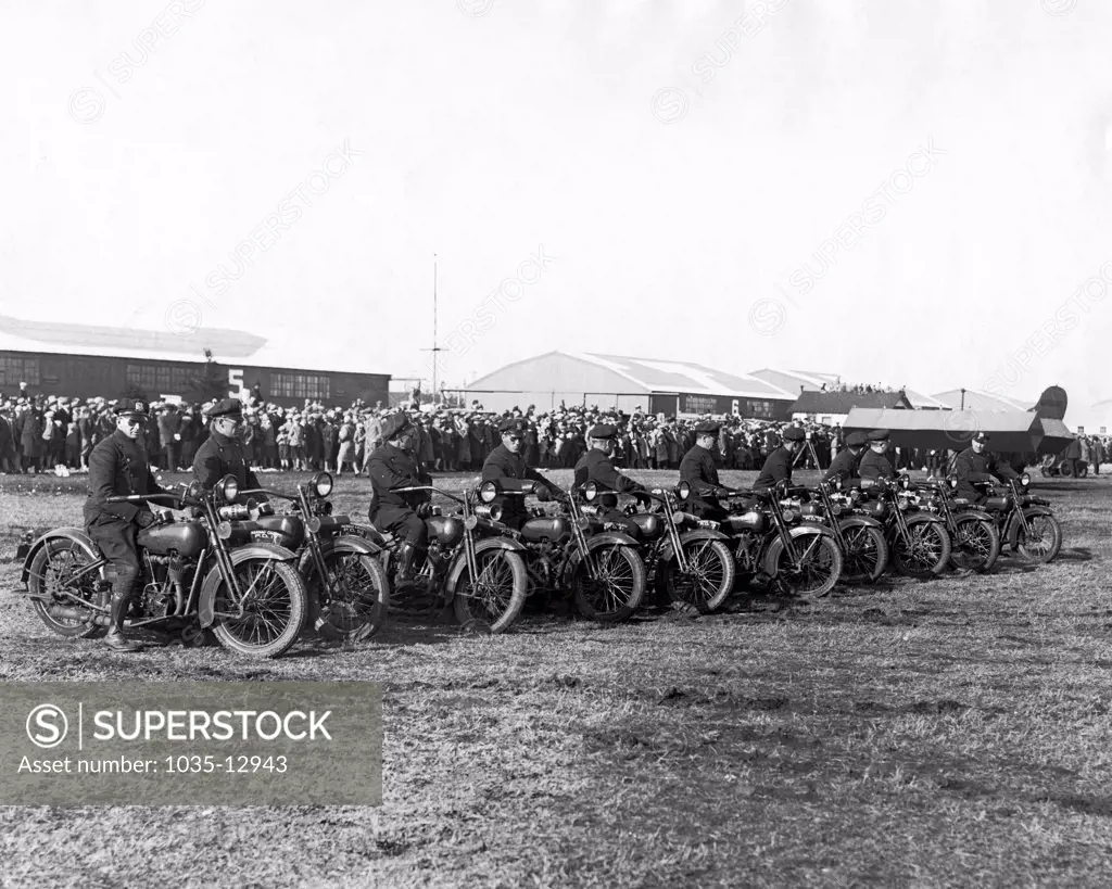 Long Island, New York:  1928 NY motorcycle police at MItchel Field in preparation for the landing of the Bremen flyers.