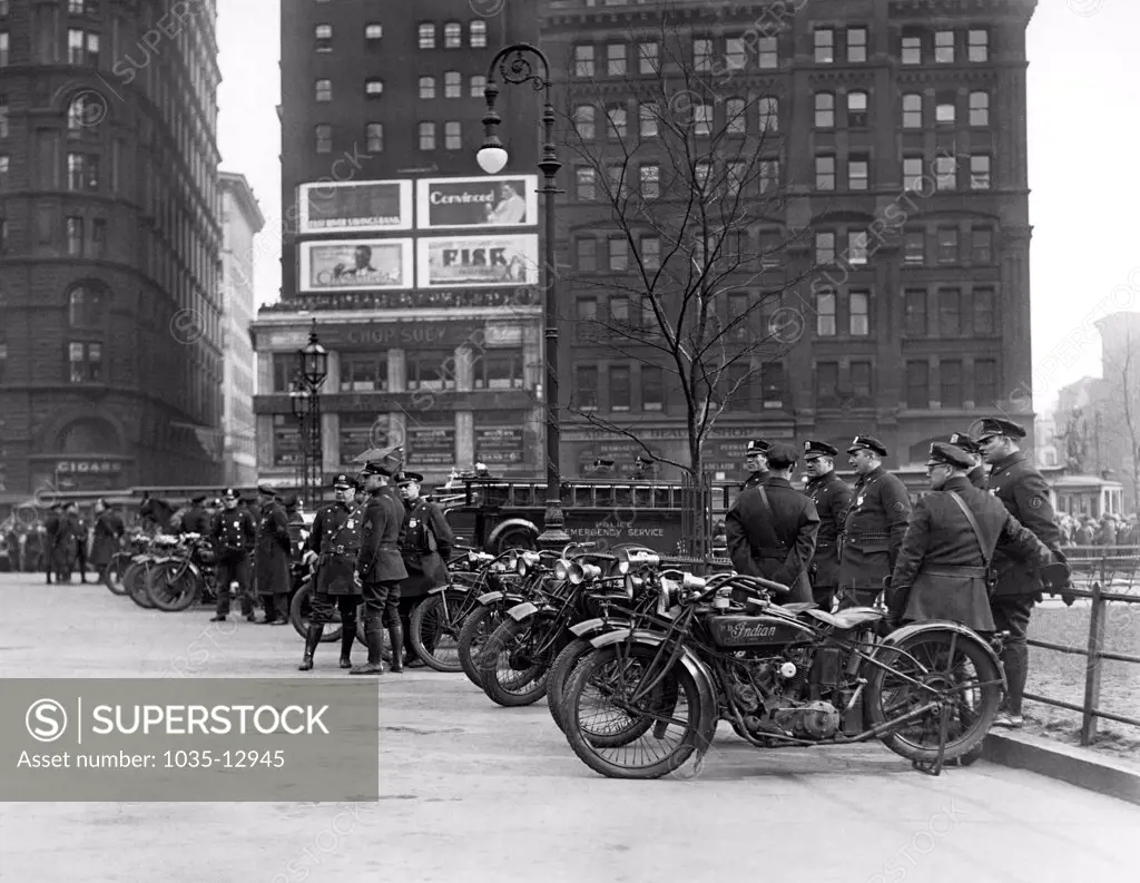 New York, New York:  c. 1929 New York City motorcycle police squads on duty at City Hall on Red Thursday when thousands of unemployed took part in a great demonstration. Most of the trouble took place at Union Square.