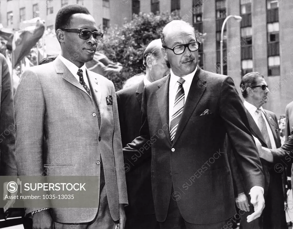 New York, New York:  August 11, 1970 President Joseph Mobutu of the Democratic Republic of the Congo is greeted by RCA chairman and president Robert Sarnoff at the RCA BUilding in Rockefeller Center.
