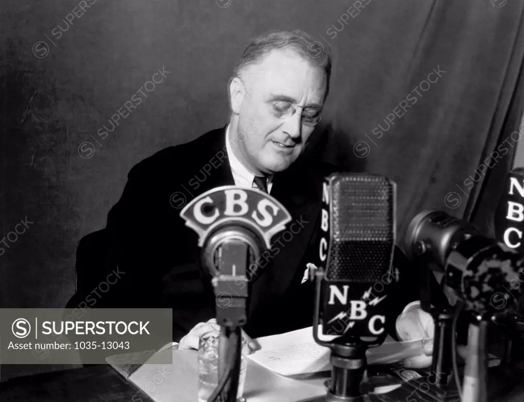 Washington, D.C.:  October 1, 1934 President Franklin Roosevelt tells of his plan to ask labor and industry for a truce from strikes and disorder until all means of settlement have been tried.