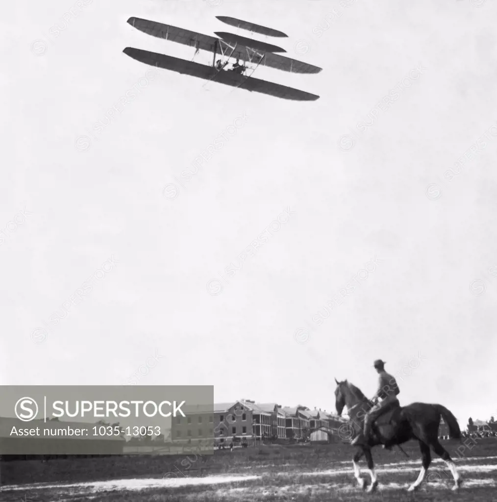 Fort Myers, Virginia: September, 1907 Orville Wright making a test flight at Fort Myers for the War Department.