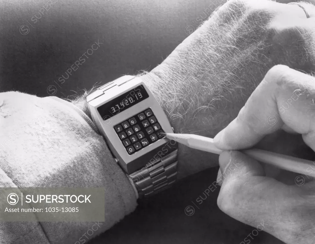 Newport Beach, California:  c. 1974 The Hughes Aircraft Company's digital combination calculator and watch.