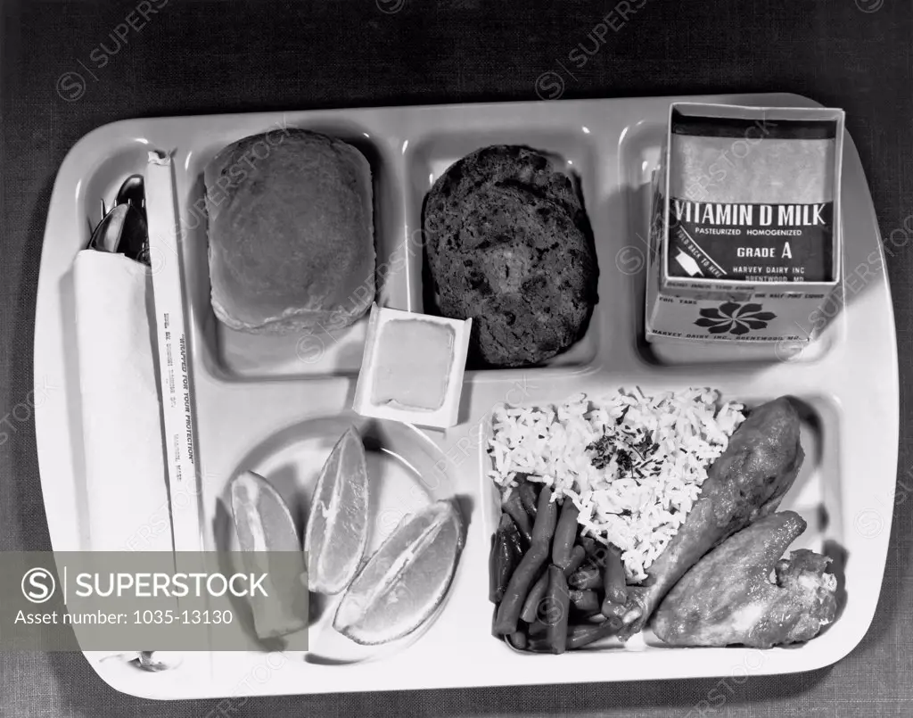 Washington, D.C.:  June 1, 1966. A Type A school lunch as specified by the Dept. of Agriculture, with a protein food, fruits, vegetables, bread and butter, and milk.