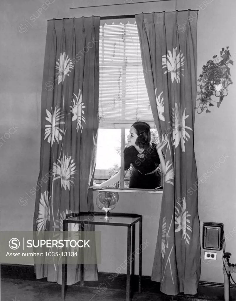 United States:  August 2, 1938 A young housewife leans in through the window to check out the curtains she has just made and hung in her living room.