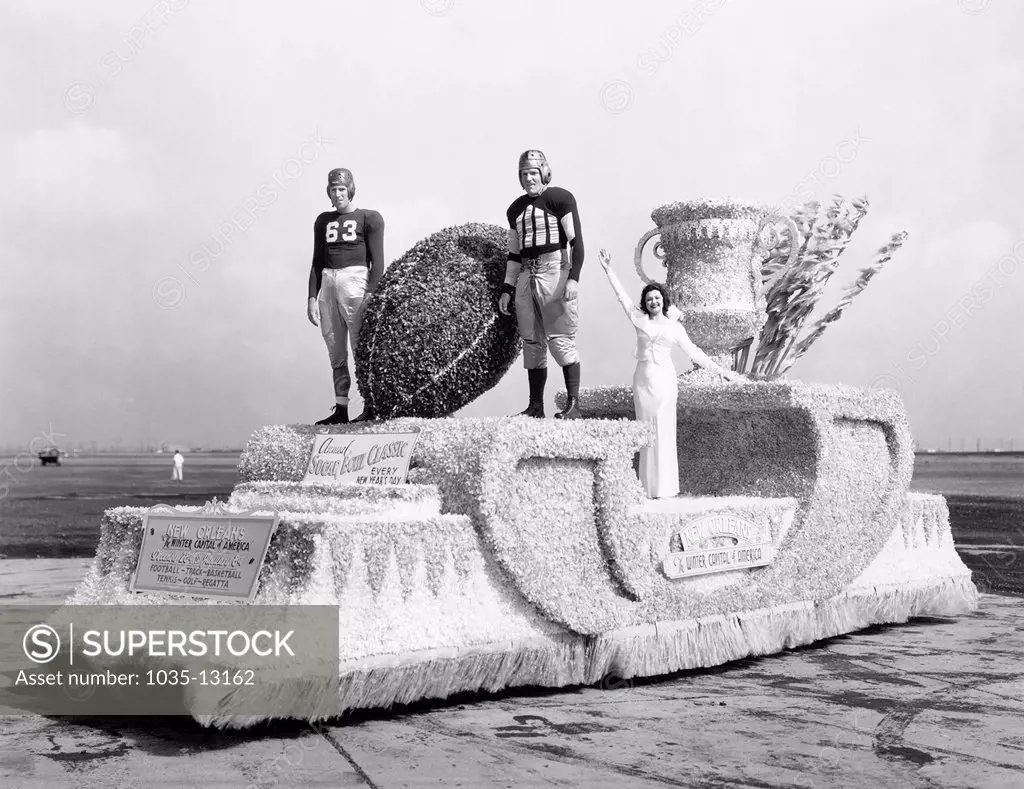 Atlantic City, New jersey:  September, 1936 Miss New Orleans with her Sugar Bowl float as it will appear in the Miss America parade on the Boardwalk this week.
