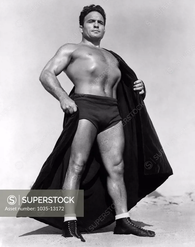 Los Angeles, California: January 11, 1939 Greek wrestling champion, Jim Londos, gets ready for a match on a Sports Fiesta program in Los Angeles.