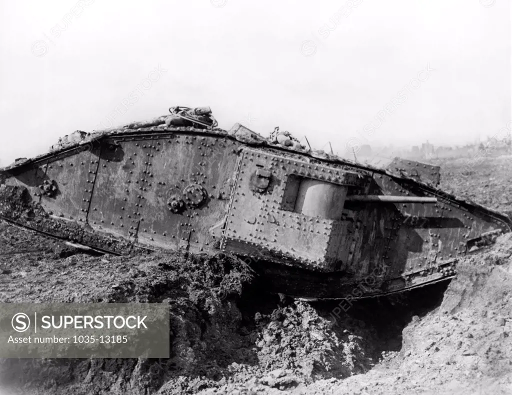 Graincourt-ls-Havrincourt, France:  1917 A British tank crossing a trench on its way to the Battle of Cambrai.