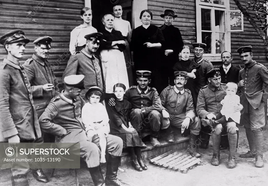 Russia:  c. 1917 A group of German army aviators and their hosts somewhere in Russia during World War I.
