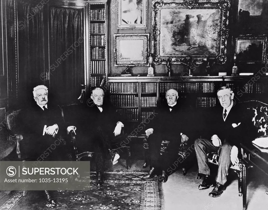 Versailles, France:  1919 The four representatives of the great powers who drafted the peace treaty at the end of WWI. L-R are Signor Orlando of Italy, Lloyd George of England, Clemenceau of France, and President Wilson of the United States.