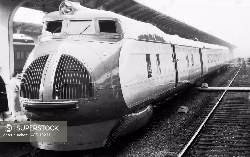 United States:  1934 Union Pacific Railroad's new M-1000 streamlined express passenger train capable of going 110 mph.