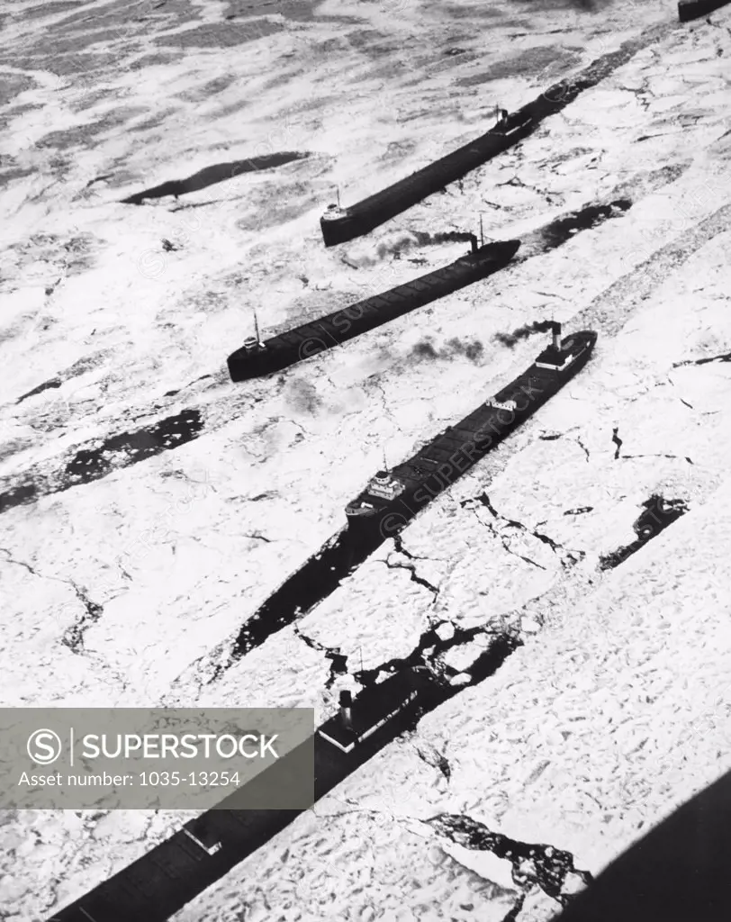 Lake Superior, MInnesota:  April 16, 1937 Iron ore ships stuck in the ice in the straits between Lake Superior and Lake Huron.