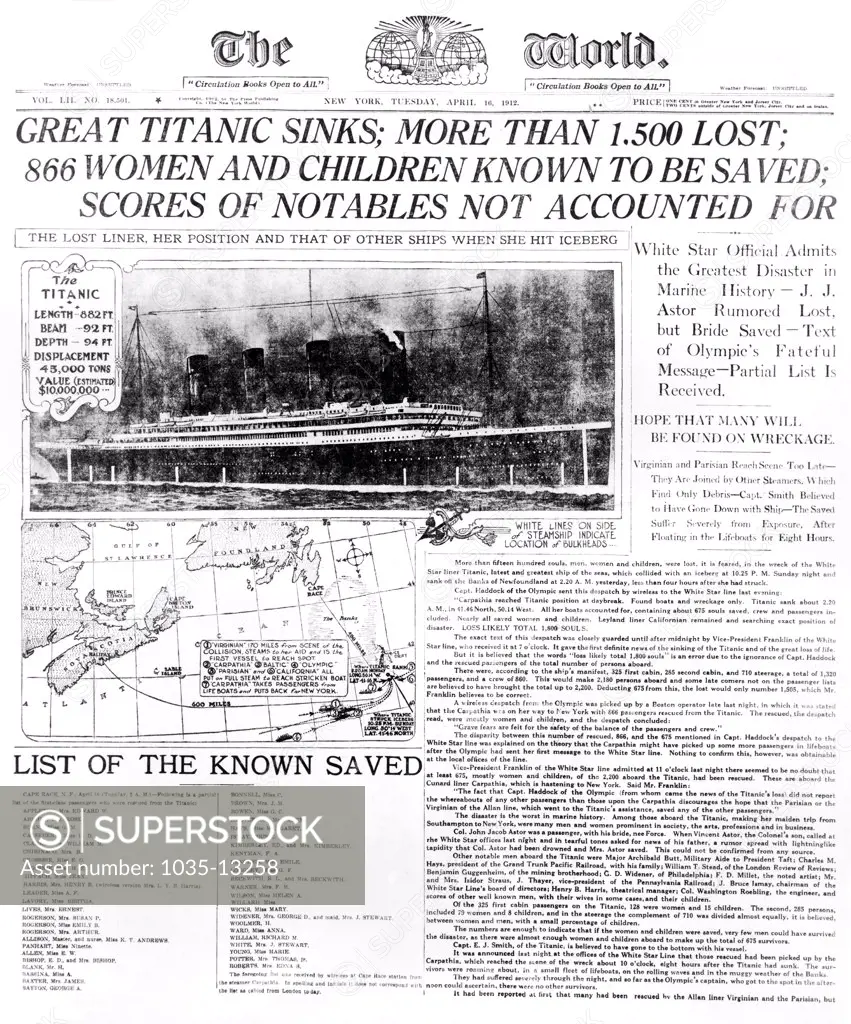 New York, New York:  April 16, 1912 The front page of The World newspaper headlining the sinking of the British White Star liner, the RMS Titanic on April 15, 1912.