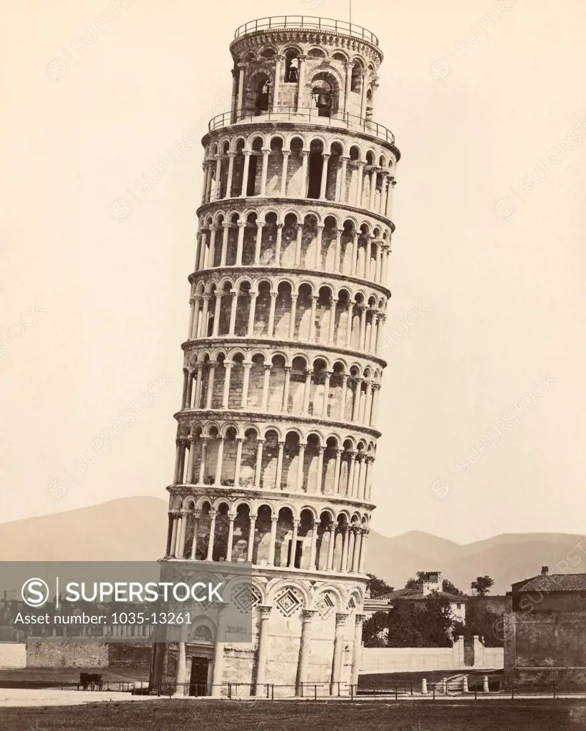 Pisa, Italy:  c. 1885 An albumen photograph of the Leaning Tower of Pisa.