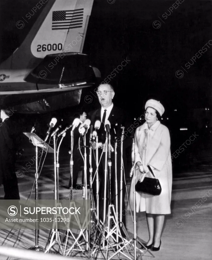 Andrews Air Force Base, Maryland:  November 22, 1963 New President Lyndon Johnson speaks at Andrews AFB after arriving from Dallas, Texas on Air Force One. The same plane also carried John Kennedy's body back to Washington.