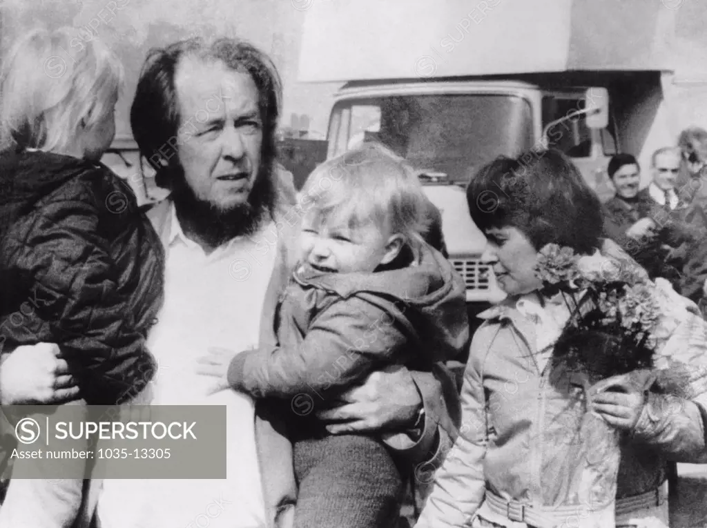 Zurich, Switzerland:  March 29, 1974 Exiled author Alexander Solzhenitsyn with his family as he arrives at the Zurich airport from Moscow.