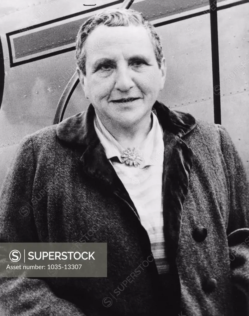 Los Angeles, California:  March 31, 1945 Art collector and author Gertrude Stein as she arrived in LA on her lecture tour of the United States.