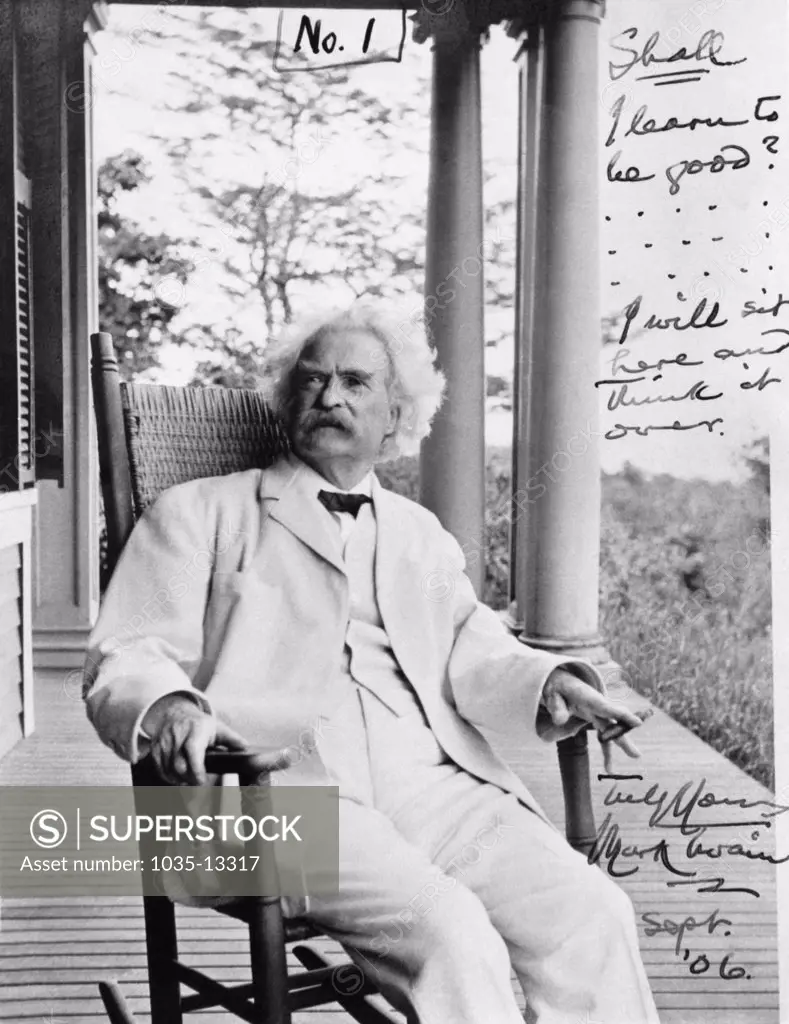 Dublin, New Hampshire:  September, 1906 A portrait of author Mark Twain in a rocking chair on a porch with his comments on the side.