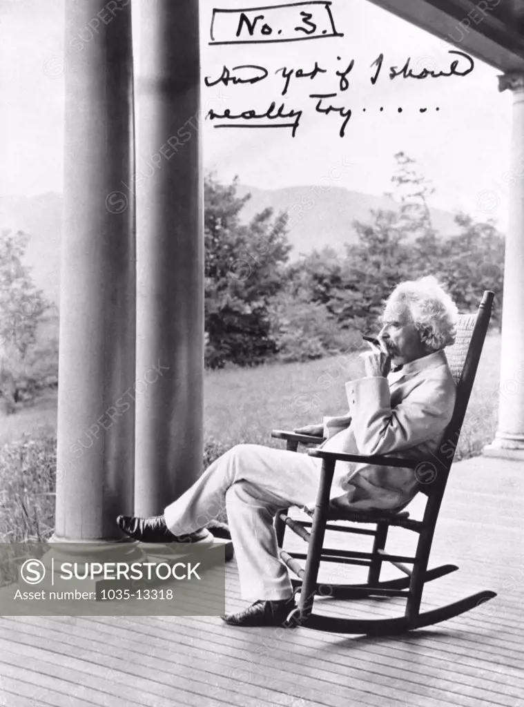 Dublin, New Hampshire:  September, 1906 A portrait of author Mark Twain in a rocking chair on a porch with his comments on the top.