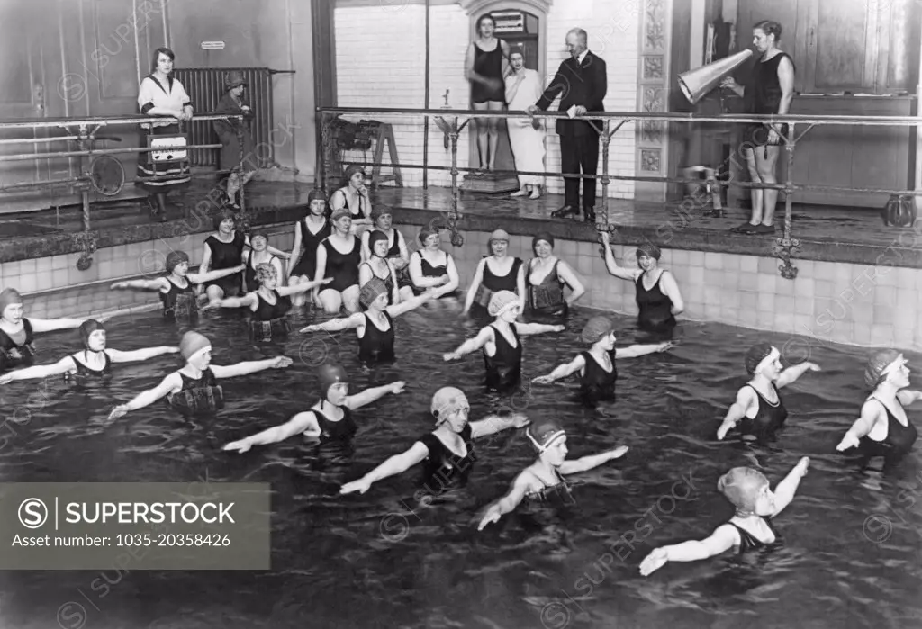 Berlin, Germany:  January 6, 1927 School girls taking mandatory twice a week swimming lessons at Schillingbrücke high school.