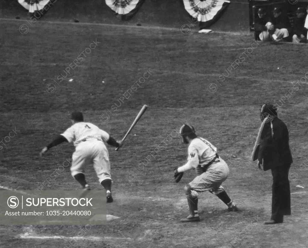 New York, New York:  April 20, 1937 Lou Gehrig sprinting to first after collecting his third hit of the day in the baseball season's opening day game at Yankee Stadium.
