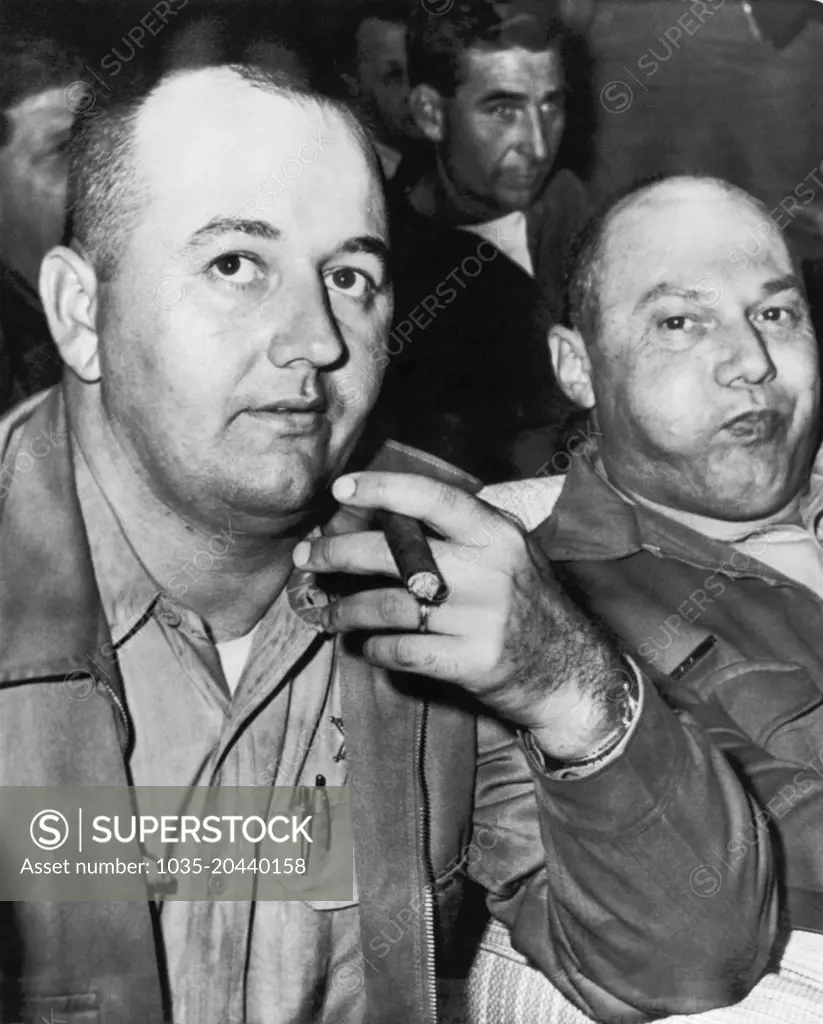 Meridian, Mississippi:  December 4, 1964 Neshoba County Sheriff Lawrence Rainey (right) and his deputy Cecil Price wait to post bond after they were arraigned today in connection with the slaying of civil rights workers James Earl Chaney, Andrew Goodman, and Michael Schwerner last June in Philadelphia, Misissippi.