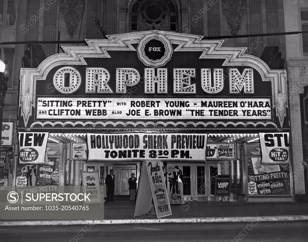 Oakland, California:  1948. The Fox Orpheum Theater in Oakland featuring a sneak preview of "Sitting Pretty" and "The Tender Years".